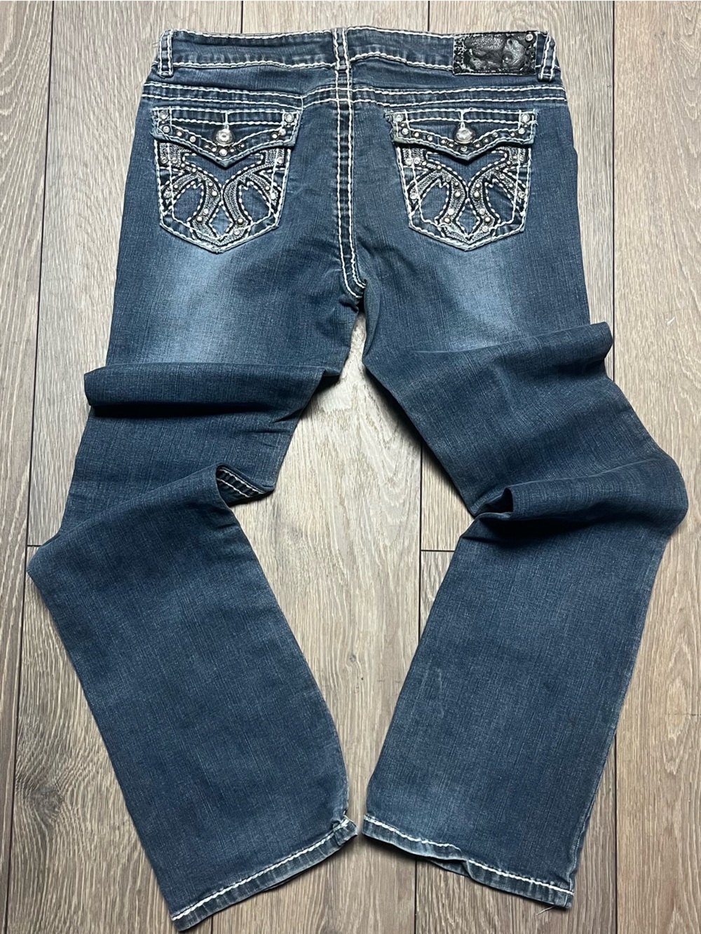 Miss Chic Jeans Dark Blue Boot Cut Jeans with Embellished Back Pockets